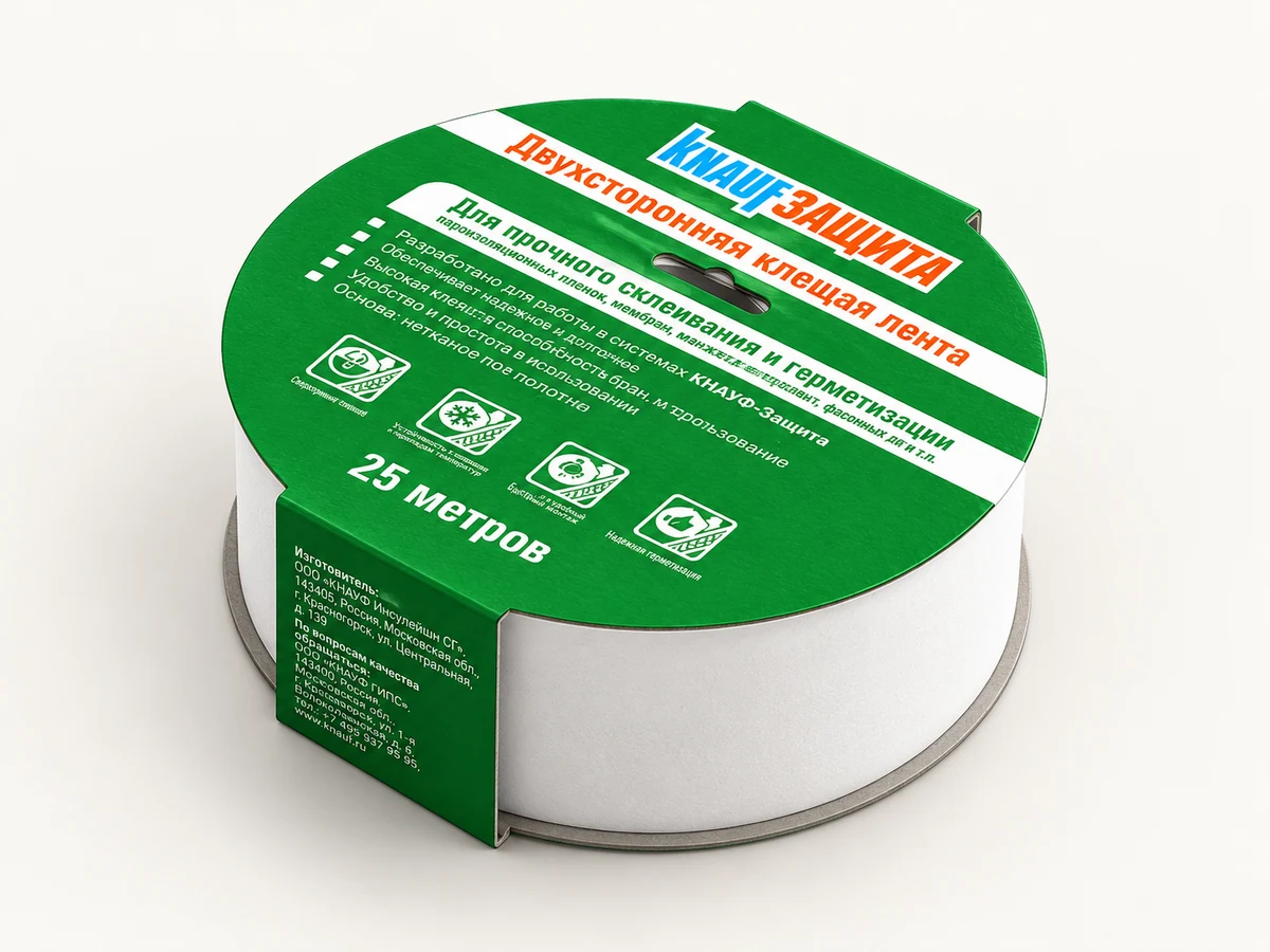 3D-иллюстрация: Двухсторонняя клейкая лента Knauf Insulation KNAUF Защита 0,04х25 м 775275
